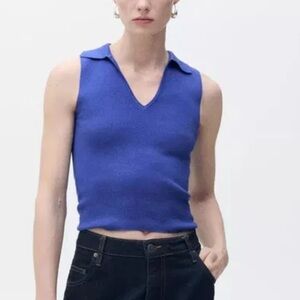 Mango Sleeveless Polo V-Neck Top, Medium Blue